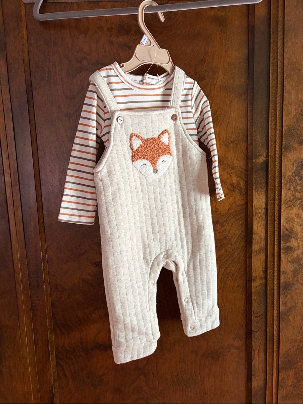 Cream Fox Appliqué Ribbed Overalls Matching Set with Striped Tee